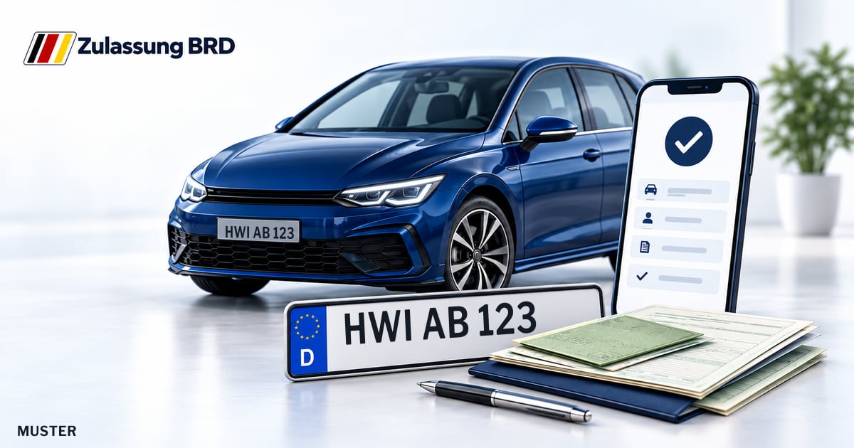 Online Fahrzeugzulassung in Wismar: Musterkennzeichen HWI AB 123, Auto und Fahrzeugpapiere und Smartphone. Illustration mit Logo von Zulassung BRD.